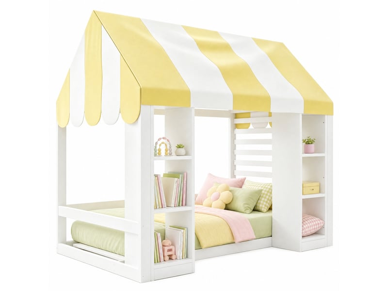  Lit mezzanine enfant modenvie 90 x 200 cm avec baldaquin et rangements ouverts, métal, contreplaqué et mdf, blanc  - Conforama A