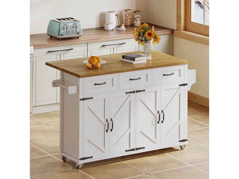 Îlot de cuisine 140x43x90,5 cm, desserte extensible avec tiroirs, portes, étagère et porte-serviettes, mdf, blanc et naturel - Conforama B