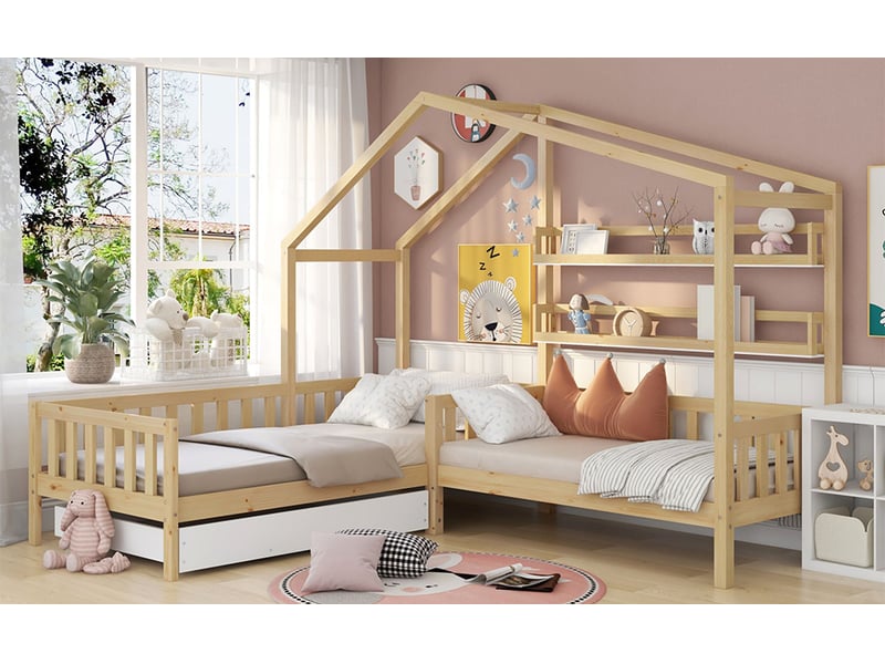  Lit cabane en l avec banquette et rangement - 90x200cm + banquette 70x140cm - 1 tiroir sur roulettes et 2 étagères - avec sommier à lattes - naturel  - Conforama B