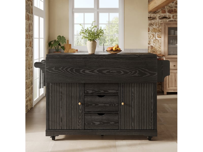  Desserte de cuisine 142,5 x 80 x 95 cm, noire en mdf et métal, extensions rabattables, 3 tiroirs  - Conforama B
