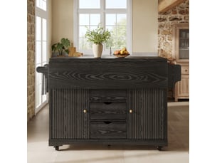 Desserte de cuisine 142,5 x 80 x 95 cm, noire en mdf et métal, extensions rabattables, 3 tiroirs