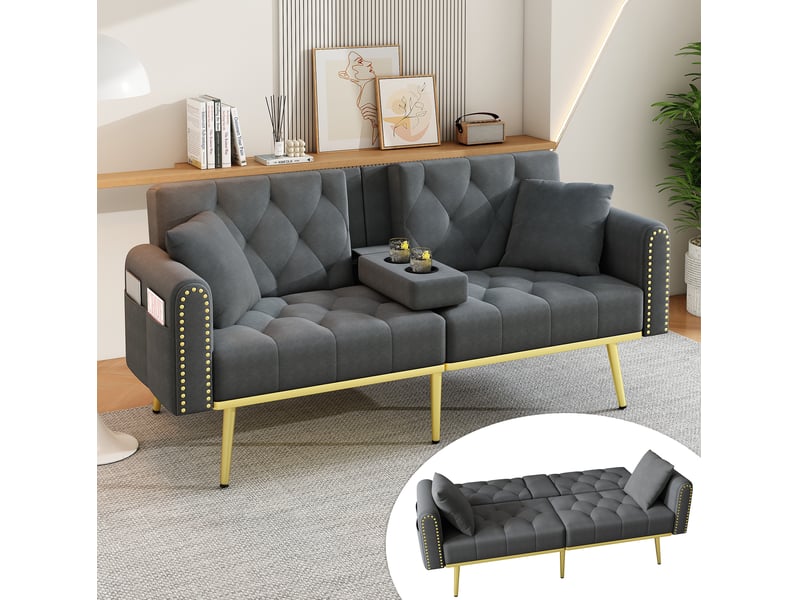  Canapé-lit 2 places 175x80x73,5cm dossier 3 positions 108°-135°-180° porte-gobelet pieds dorés velours gris  - Conforama E