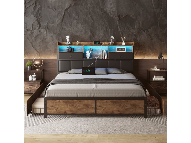  Lit double en fer et bois - 160x200 cm brun rustique et noir - led bleue - tiroirs de rangement - tête de lit avec étagères et prises  - Conforama E