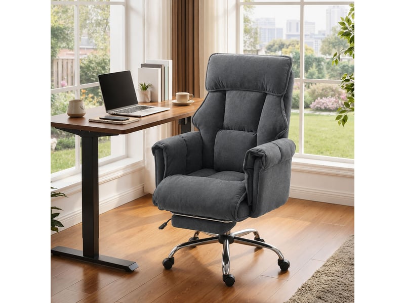  Fauteuil de bureau pivotant inclinable à 3 positions avec double coussin et repose-pieds, revêtement en flanelle, gris foncé  - Conforama C