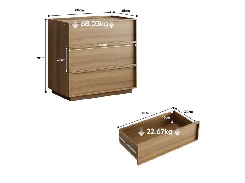  Commode 3 tiroirs 80 x 48 x 78 cm en mdf et panneaux de particules, chêne  - Conforama C