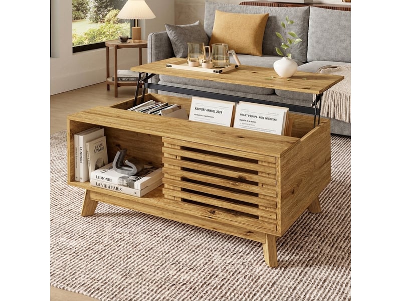  Table basse relevable vintage avec porte coulissante mdf aspect bois naturel  - Conforama C