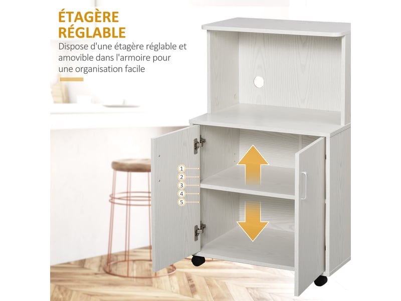  Chariot desserte micro-ondes placard 2 portes - blanc - dim. 60,4l x 40,3l x 97h cm  - Conforama E
