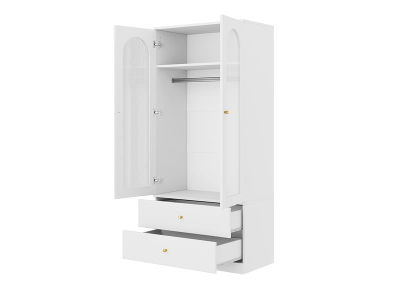  Armoire à portes battantes 89,5x50,5x200 cm, 2 tiroirs, 2 portes vitrées, barre de penderie, mdf blanc, chambre déco  - Conforama E