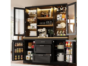 Buffet de cuisine avec 4 portes, 3 tiroirs, étagères réglables et led pour cuisine en mdf noir 140 × 40 × 185 cm