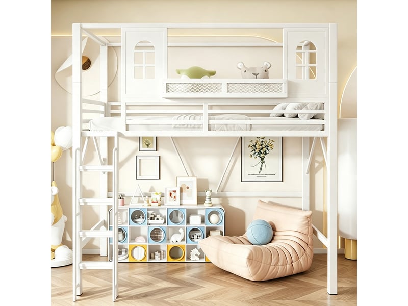  Lit mezzanine enfant,90x200 cm,avec toit et étagère,métal,blanc  - Conforama E