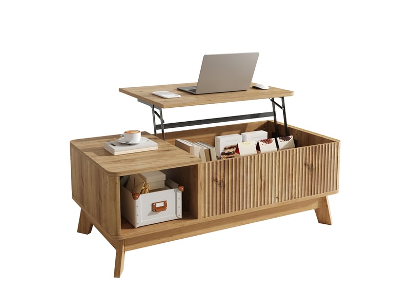  Table basse 95x48x50 cm, plateau escamotable, espace de rangement, table de salon, table basse salon, en mdf, naturel  - Conforama A
