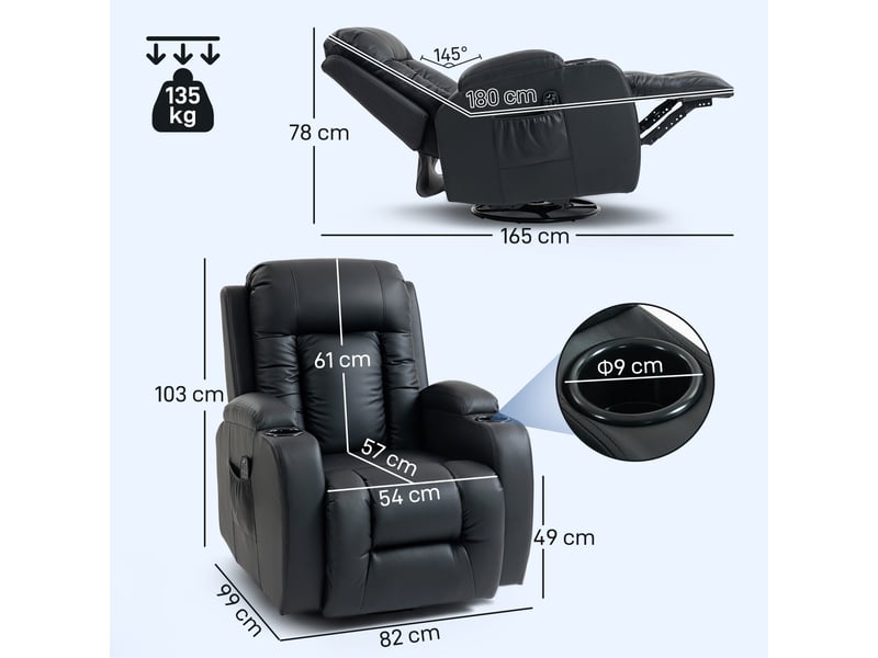  Fauteuil de relaxation massant et chauffant pivotant en pu noir 82x99x103 cm  - Conforama C