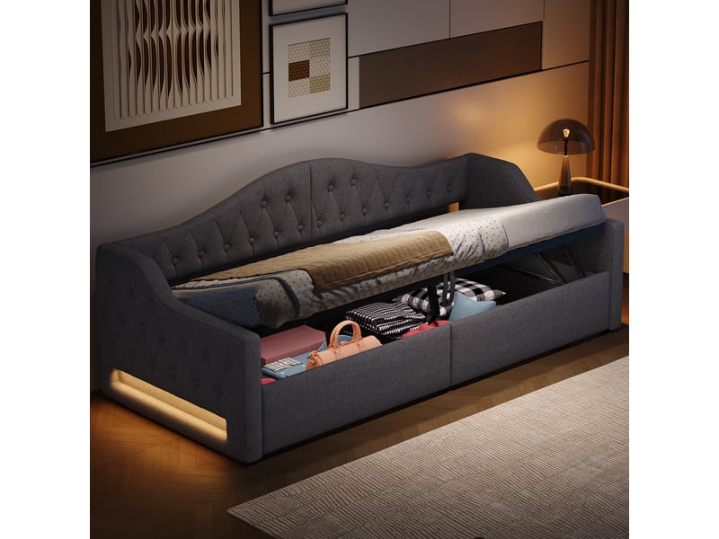 Lit banquette 90x200 cm, lit simple rembourré avec rangement sous le lit, éclairage led, cadre de lit capitonné - gris - Conforama E