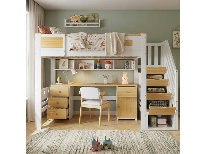  Lit mezzanine enfant 90 x 200 cm blanc et naturel avec bureau, tiroirs, escalier de rangement et étagère suspendue  - Conforama B