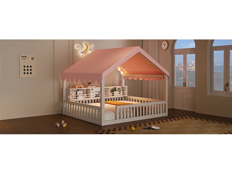  Lit enfant 140 x 200 cm, cadre de lit avec rangement, étagères ouvertes, éclairage led, barrières de sécurité, bois, blanc Morn Vibe - Conforama E