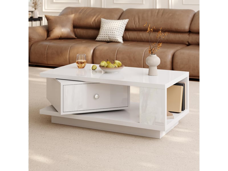  Table basse avec tiroir rotatif et niche panneau de particules et mdf blanc 90x48x35 cm N621P497643W - Conforama D