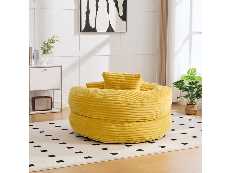 Fauteuil pouf en velours côtelé, avec dossier haut et accoudoirs, assise large pour gaming et détente, jaune moutarde, 108 × 108 × 52 cm - Conforama C