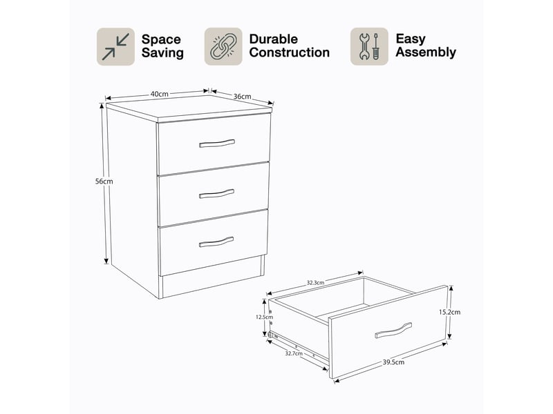  Table de chevet riano, commode de nuit, chambre, rangement, 56x40x36cm, 3 tiroirs, noir 333449 - Conforama D
