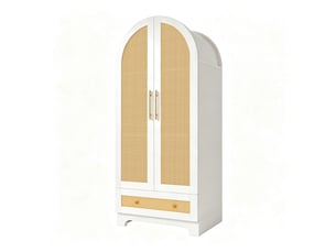 Placard 70*55*170 cm, deux portes, tiroirs, étagères et finition rotin, coloris blanc