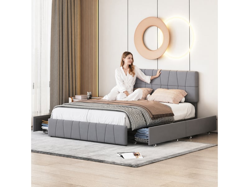  Lit double 160x200 cm,lit capitonné rembourré avec 4 tiroirs,sommier à lattes,lit 2 personnes pour adultes, gris,velours  - Conforama E