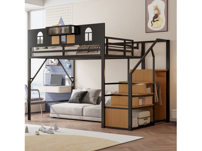  Lit mezzanine 140x200 cm avec escalier de rangement et étagère coloris noir  - Conforama D