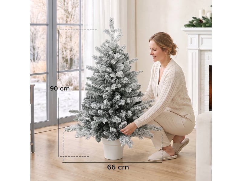  Mini sapin de noël de 90 cm avec 296 extrémités de branches, pot effet neige, mini sapin de table pour la maison ou le bureau, blanc  - Conforama C