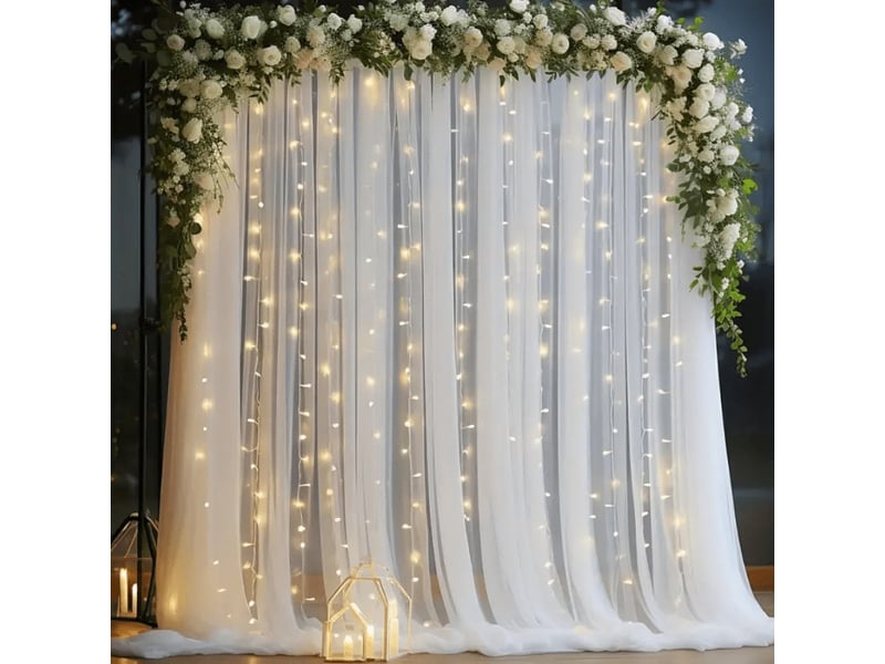 Fond de scène en tulle blanc avec guirlande lumineuse – 1,6×3 m – voilage pour mariage, baby shower, anniversaire – décoration photo shoot - Conforama A