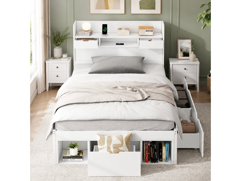  Lit simple 90x200 cm, lit 1 place avec port usb et type-c, tiroirs,  espace de rangement ouvert, sans matelas - blanc  - Conforama B