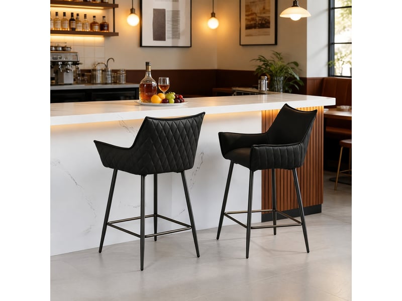  Tabouret de bar vintage avec dossier ergonomique et accoudoirs, en polyuréthane et métal, anthracite  - Conforama C