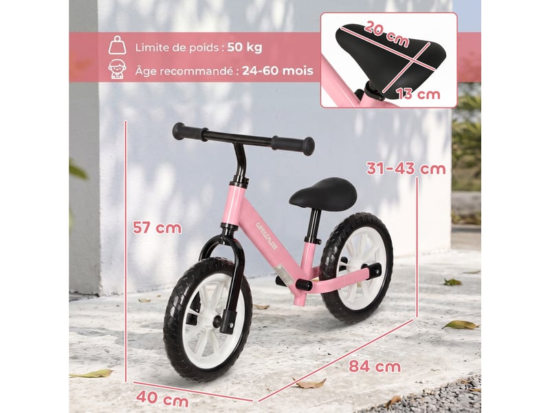  Draisienne enfant 2-5 ans, roues lumineuses, siège guidon réglables, pneus eva silencieux, charge 50kg, 84x40x57cm, rose  - Conforama E