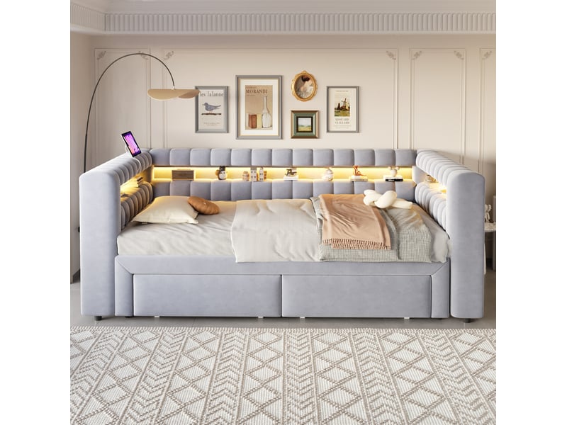  Lit gigogne 90x190 cm avec tiroirs et éclairage led en velours gris clair  - Conforama D