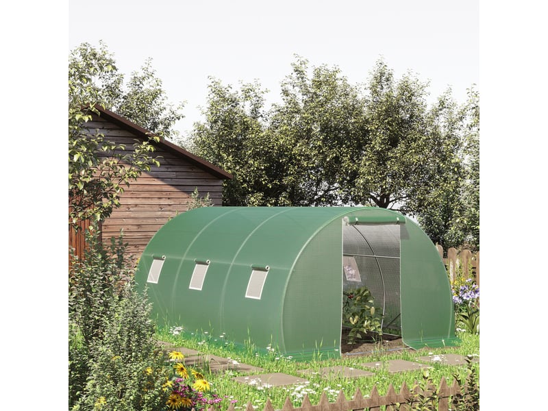  Serre tunnel 4,5 x 3 x 2 m avec parois latérales enroulables, 6 fenêtres grillagées et porte enroulable (verte)  - Conforama D