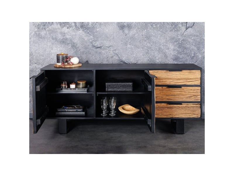 Buffet rafta 150 cm en bois massif de teck et manguier – 2 portes, 3 tiroirs et structure noire - Conforama E