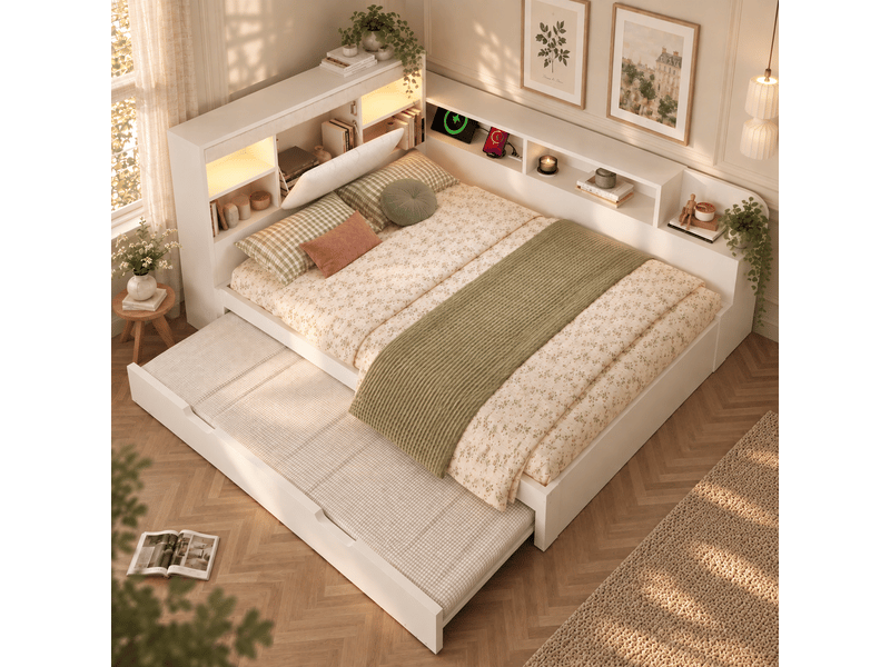  Lit gigogne 140 x 190 cm avec lit banquette, sommier à lattes, cadre en bois, liseuses, ports usb, pu, blanc Bliss Lite - Conforama B