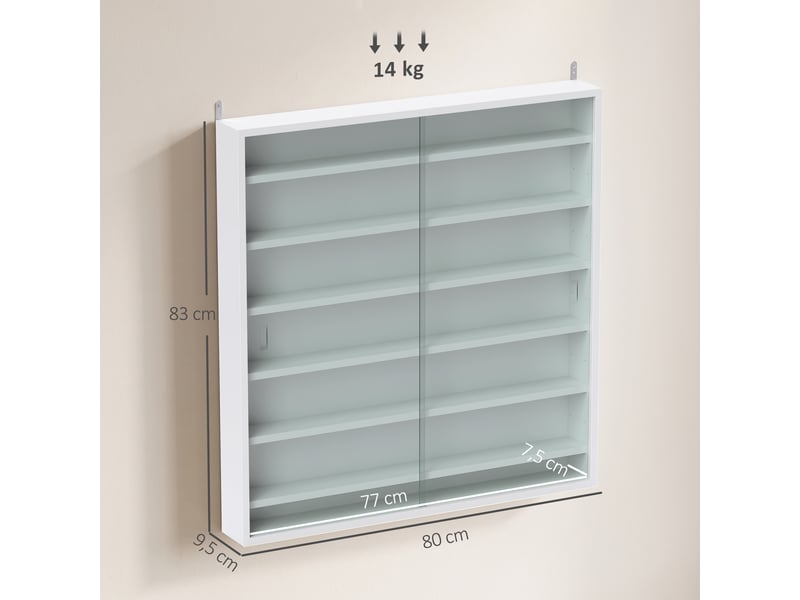 Vitrine murale en bois avec étagères réglables et 2 portes coulissantes en verre 80 x 9,5 x 83 cm blanc  - Conforama E