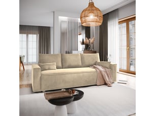 Canapé droit convertible <strong>MASSENO</strong> <strong></strong> 3 places Velours beige avec coffre de rangement