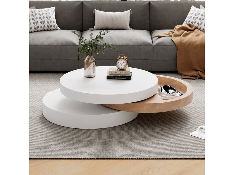  Table basse ronde pivotante à 360 degrés avec rangement caché, 3 plateaux, extensible jusqu'à 88 cm, blanc et bois  - Conforama E