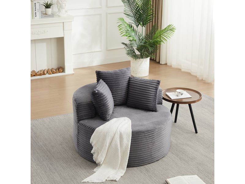  Canapé individuel circulaire en velours côtelé, 110 cm de diamètre, confort moelleux, lot de 3 coussins d’appoint, gris  - Conforama B