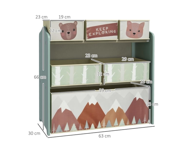 Armoire enfant de rangement 63x30x66 cm – vert – 6 bacs en tissu pour jouets et livres, motif ludique  - Conforama C