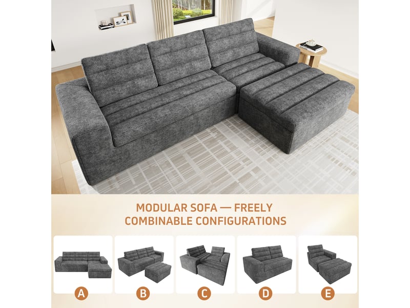  Canapé d'angle modulable en l, tissu chenille gris clair, canapé nuage 4 places avec pouf, assise sans armature pour salon et appartement  - Conforama E