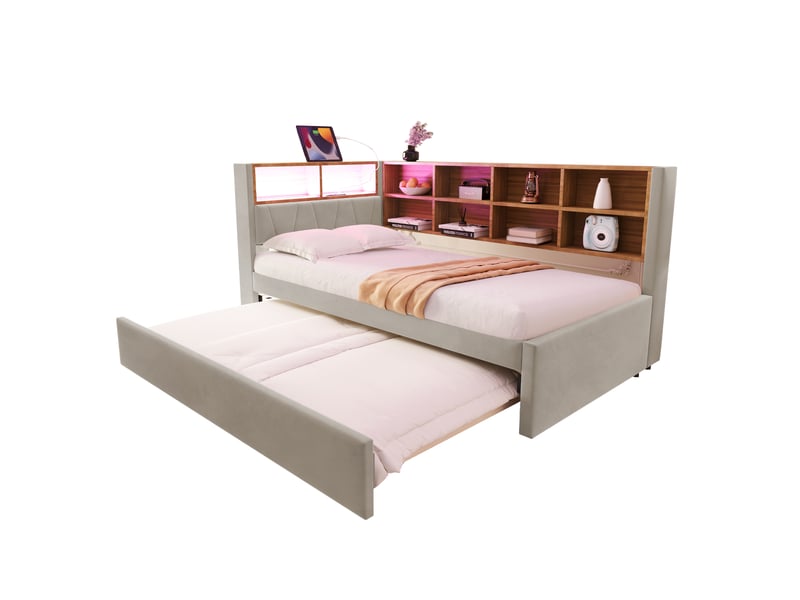 Canapé-lit 90*200 cm avec lit gigogne 90*190 cm, led, usb, rangements, gris clair et cadre stable multifonctionnel  - Conforama A