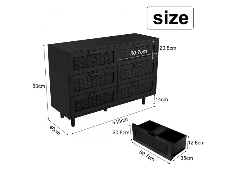 Commode 6 tiroirs - 115x40x80cm - meuble de rangement effet rotin tressé &amp; pieds en bois - noir  - Conforama E