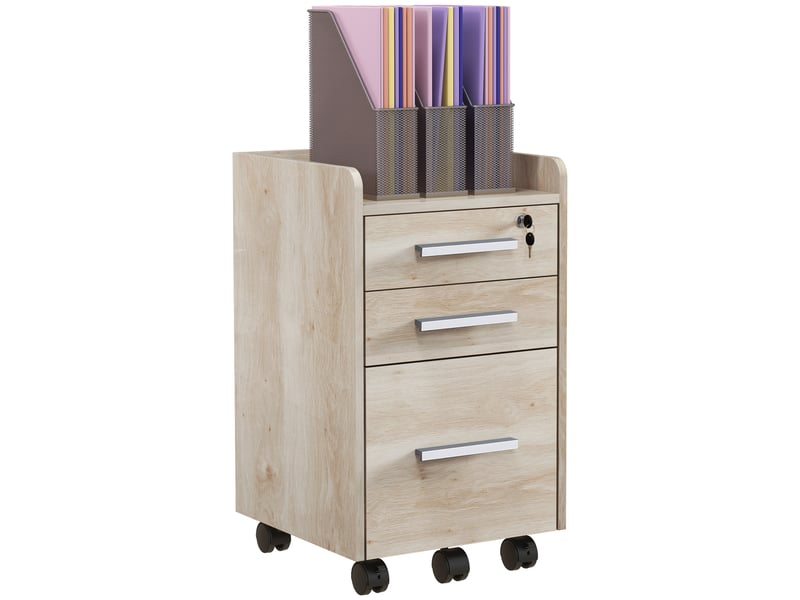  Caisson de bureau rangement bureau sur roulettes 3 tiroirs 1 verrouillable 1 trieur dossiers en bois beige  - Conforama A