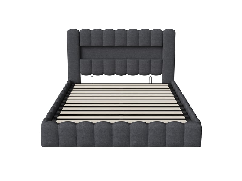 Lit coffre capitonné 180x200 cm, lit 2 places avec sommier, led et usb, rangement et tête de lit, lit adulte en lin, gris - Conforama R