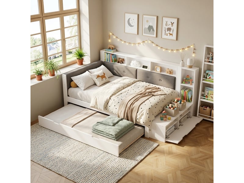  Lit enfant 120x200 cm avec lit gigogne 90x190 cm, rangement intégré, tête de lit rembourrée, étagères latérales, structure en bois - blanc et gris  - Conforama D