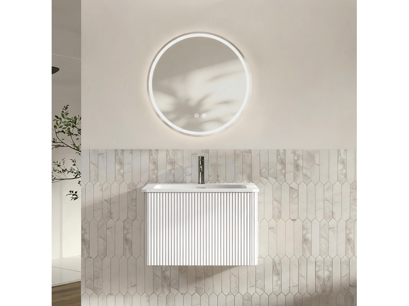  Meuble sous vasque suspendu avec 1 tiroir, vasque intégrée et miroir led rond pour salle de bain blanc 61 × 46,5 cm  - Conforama B