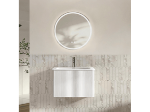 Meuble sous vasque suspendu avec 1 tiroir, vasque intégrée et miroir led rond pour salle de bain blanc 61 × 46,5 cm