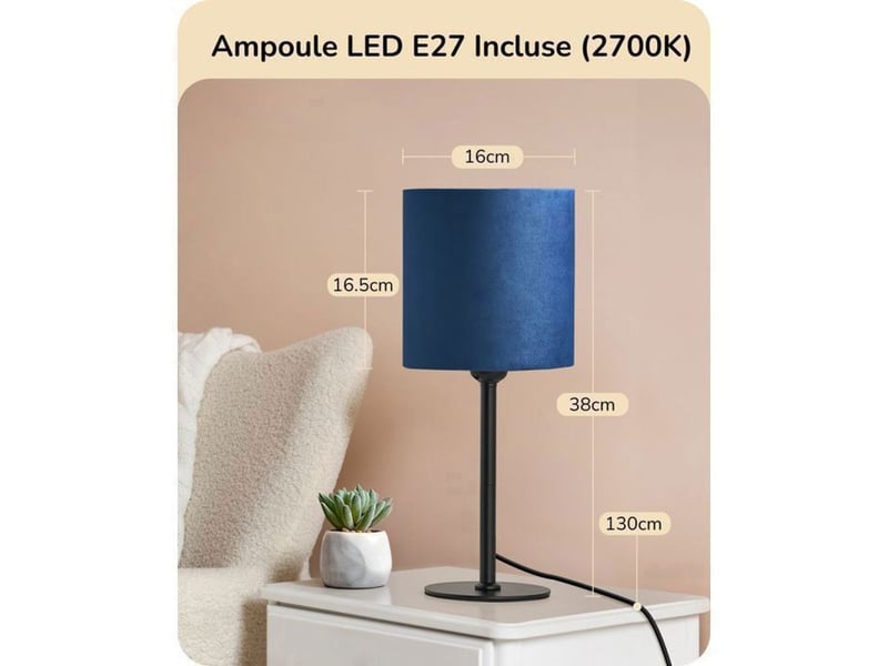  Lampe de table moderne t002 base metal noire et abat-jour velours bleu saphir e27 led 2700k 370618_AACFR21414_6_DROPFR - Conforama C