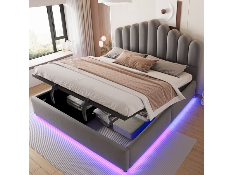  Lit coffre 180 x 200 cm gris en velours avec led et tête de lit rembourrée  - Conforama D