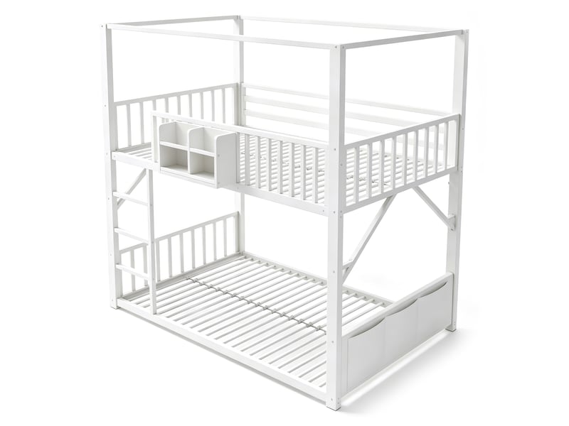  Lit superposé enfant 90x200 cm - 2 couchages - structure métal avec toit - barrière de sécurité - rangement - blanc  - Conforama W